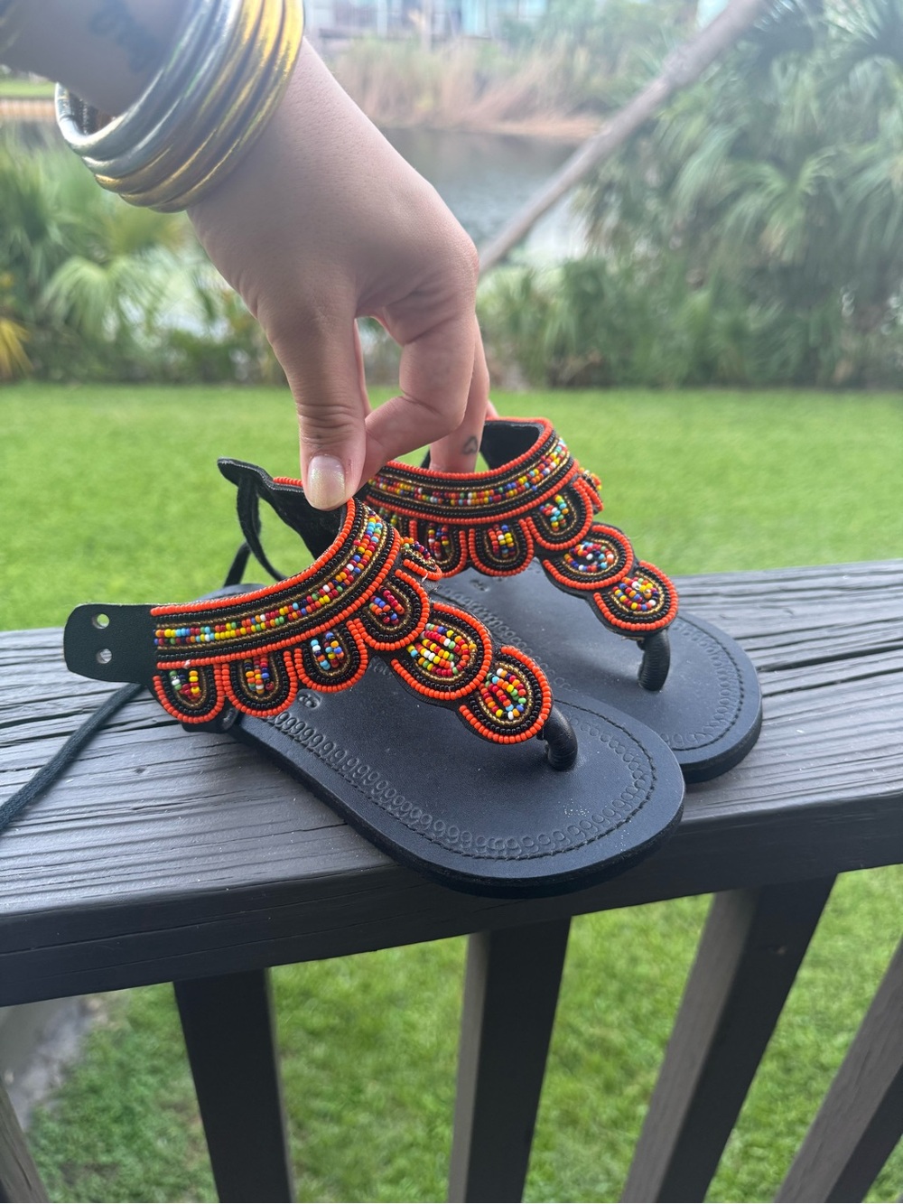 African Beaded Black Leather T-Strap leather  Sandals